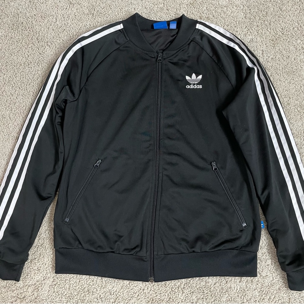 OLD SCHOOL! Women's ADIDAS Black & White THREE Stripe TRACK Flower Logo JACKET M